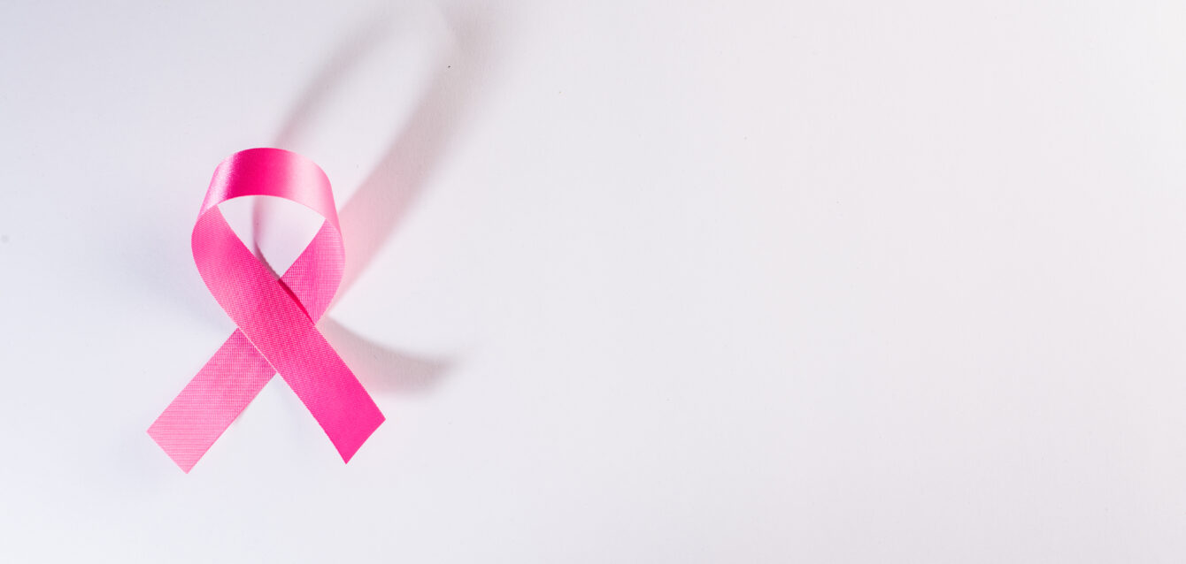Pink ribbon cancer sign on white