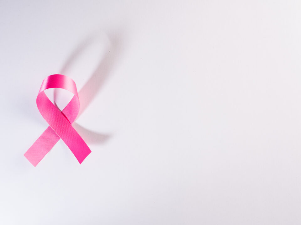 Pink ribbon cancer sign on white